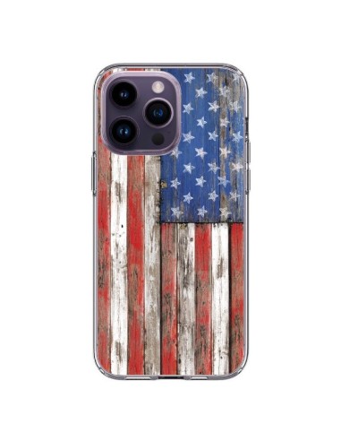 Coque iPhone 14 Pro Max Drapeau USA Vintage Bois Wood - Maximilian San