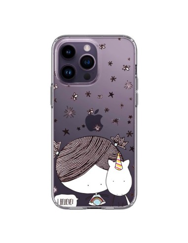 Coque iPhone 14 Pro Max Petite Fille et Licorne I Believe Transparente - Nico