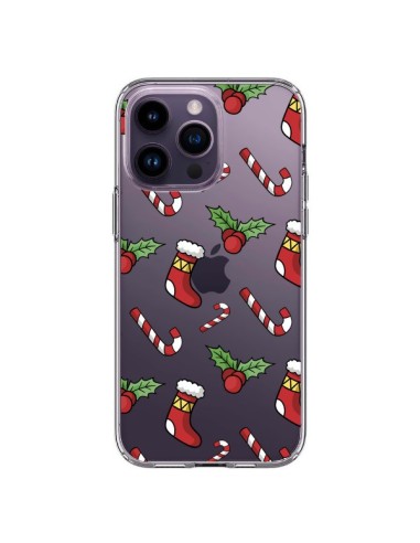 Coque iPhone 14 Pro Max Chaussette Sucre d'Orge Houx de Noël transparente - Nico