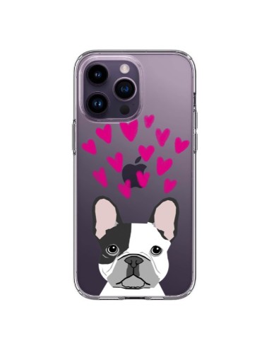 Coque iPhone 14 Pro Max Bulldog Français Coeurs Chien Transparente - Pet Friendly