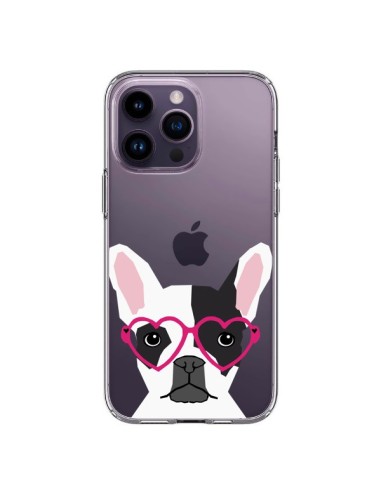 Coque iPhone 14 Pro Max Bulldog Français Lunettes Coeurs Chien Transparente - Pet Friendly