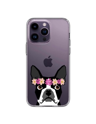 Coque iPhone 14 Pro Max Boston Terrier Fleurs Chien Transparente - Pet Friendly