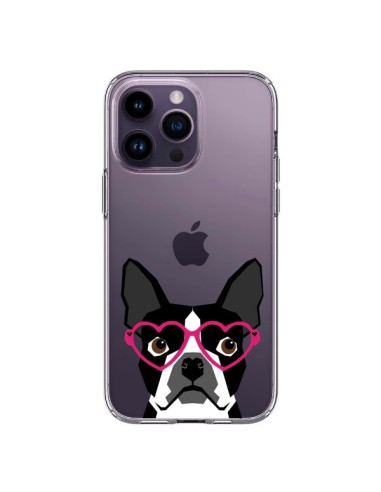 Coque iPhone 14 Pro Max Boston Terrier Lunettes Coeurs Chien Transparente - Pet Friendly