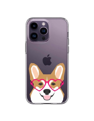 Coque iPhone 14 Pro Max Chien Marrant Lunettes Coeurs Transparente - Pet Friendly