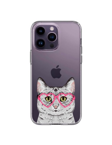 Coque iPhone 14 Pro Max Chat Gris Lunettes Coeurs Transparente - Pet Friendly