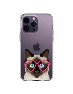 Coque iPhone 14 Pro Max Chat Marron Lunettes Coeurs...
