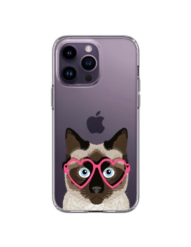 Coque iPhone 14 Pro Max Chat Marron Lunettes Coeurs Transparente - Pet Friendly