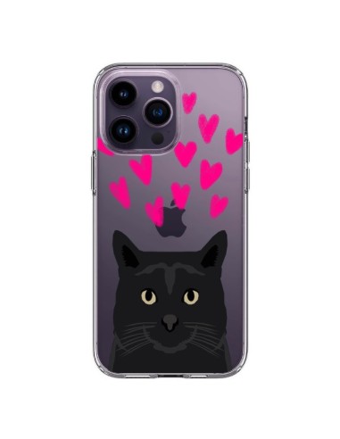 Coque iPhone 14 Pro Max Chat Noir Coeurs Transparente - Pet Friendly