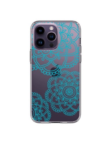 Coque iPhone 14 Pro Max Mandala Bleu Aqua Doodle Flower Transparente - Sylvia Cook