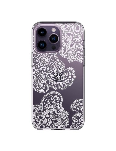 Coque iPhone 14 Pro Max Lacey Paisley Mandala Blanc Fleur Transparente - Sylvia Cook