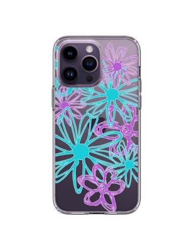 Cover iPhone 14 Pro Max Fiori Viola e Turchesi Trasparente - Sylvia Cook