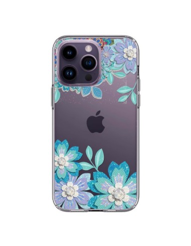 Coque iPhone 14 Pro Max Winter Flower Bleu, Fleurs d'Hiver Transparente - Sylvia Cook