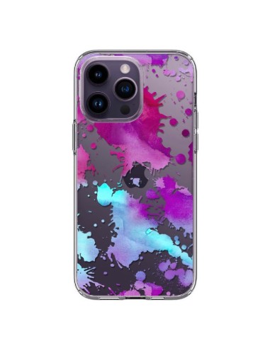 Coque iPhone 14 Pro Max Watercolor Splash Taches Bleu Violet Transparente - Sylvia Cook