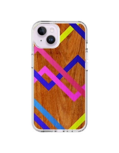 Coque iPhone 14 Plus Pink Yellow Wooden Bois Azteque Aztec Tribal - Jenny Mhairi