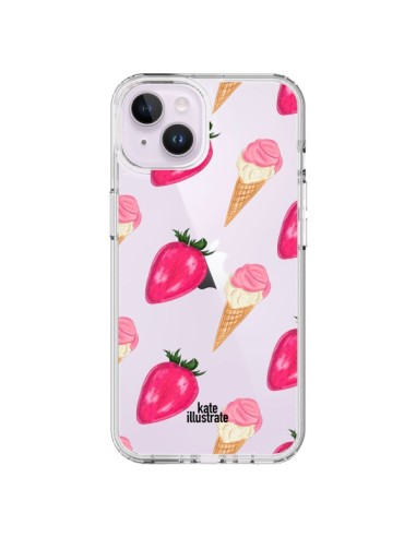 Coque iPhone 14 Plus Strawberry Ice Cream Fraise Glace Transparente - kateillustrate