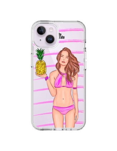 Coque iPhone 14 Plus Malibu Ananas Plage Ete Rose Transparente - kateillustrate