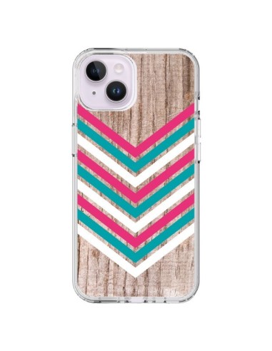 Coque iPhone 14 Plus Tribal Aztèque Bois Wood Flèche Rose Bleu - Laetitia