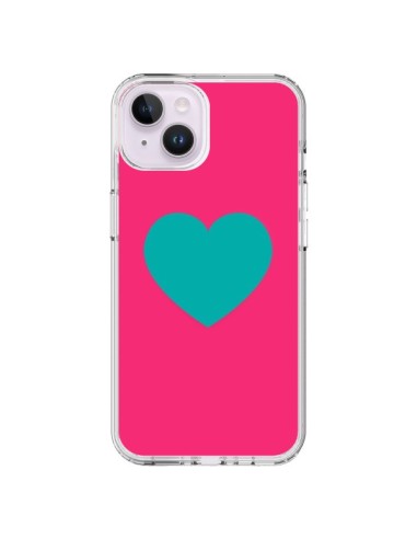 Coque iPhone 14 Plus Coeur Bleu Fond Rose - Laetitia