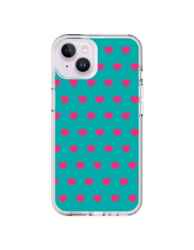 Coque iPhone 14 Plus Coeurs Roses Fond Bleu - Laetitia