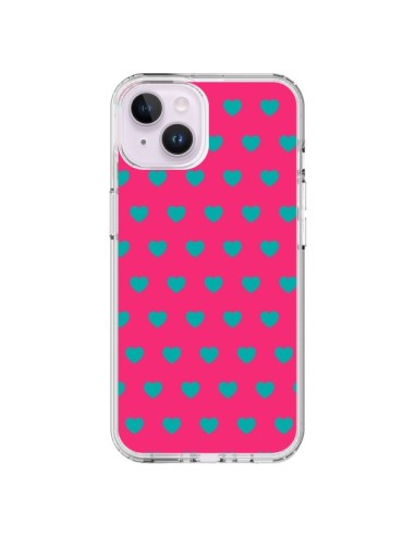 Coque iPhone 14 Plus Coeurs Bleus Fond Rose - Laetitia