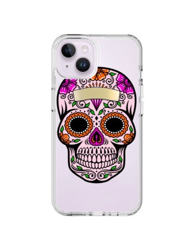 Coque iPhone 14 Plus Tête de Mort Mexicaine Noir Rose Transparente - Laetitia