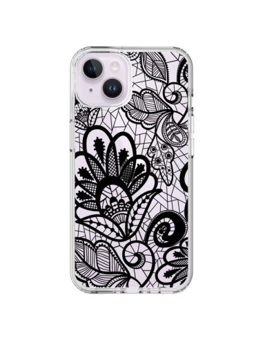 Coque iPhone 14 Plus Lace Fleur Flower Noir Transparente - Petit Griffin