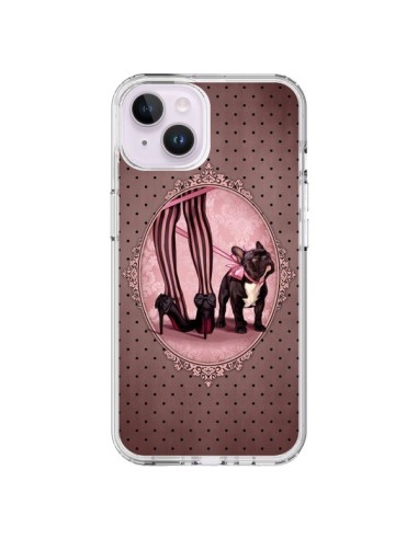 Coque iPhone 14 Plus Lady Jambes Chien Dog Rose Pois Noir - Maryline Cazenave