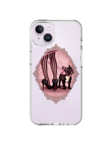 Coque iPhone 14 Plus Lady Jambes Chien Bulldog Dog Rose Pois Noir Transparente - Maryline Cazenave