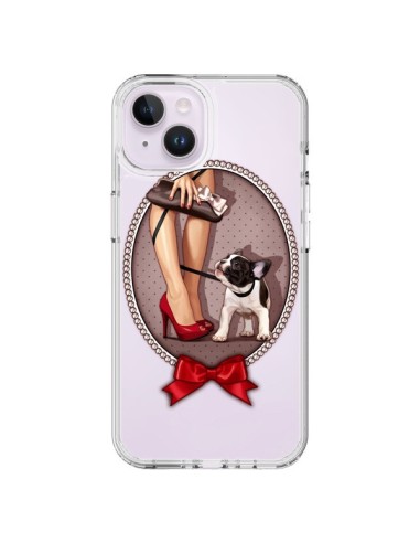 Coque iPhone 14 Plus Lady Jambes Chien Bulldog Dog Pois Noeud Papillon Transparente - Maryline Cazenave