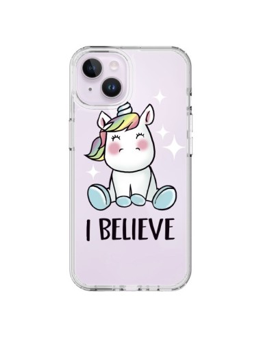 Coque iPhone 14 Plus Licorne I Believe Transparente - Maryline Cazenave