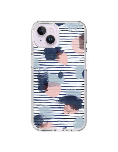 Coque iPhone 14 Plus Watercolor Stains Stripes Navy - Ninola Design