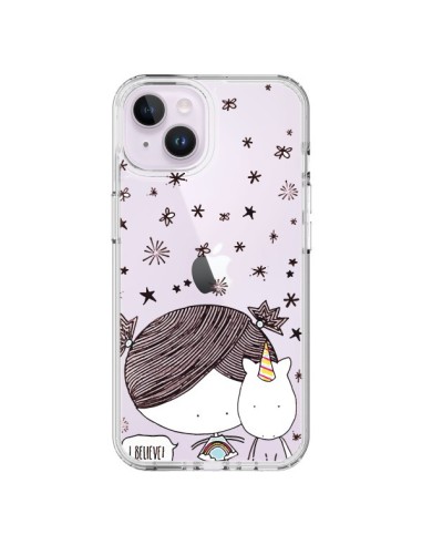 Coque iPhone 14 Plus Petite Fille et Licorne I Believe Transparente - Nico