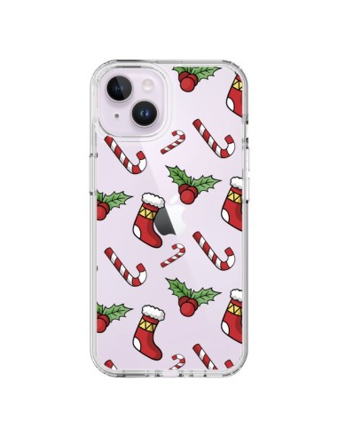 Coque iPhone 14 Plus Chaussette Sucre d'Orge Houx de Noël transparente - Nico