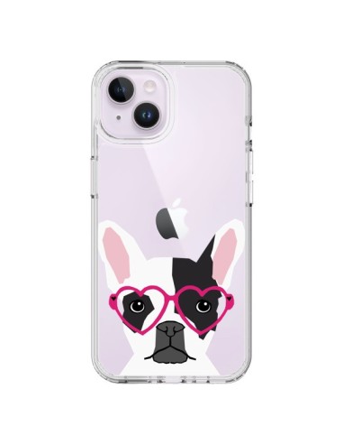 Coque iPhone 14 Plus Bulldog Français Lunettes Coeurs Chien Transparente - Pet Friendly