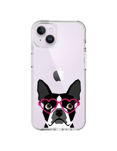 Coque iPhone 14 Plus Boston Terrier Lunettes Coeurs Chien Transparente - Pet Friendly