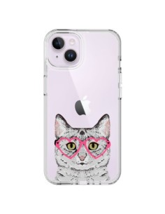 Coque iPhone 14 Plus Chat Gris Lunettes Coeurs...