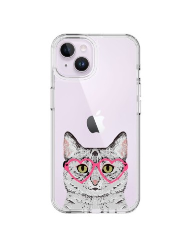 Coque iPhone 14 Plus Chat Gris Lunettes Coeurs Transparente - Pet Friendly