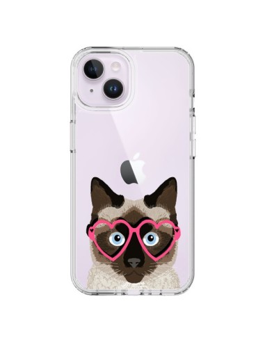Coque iPhone 14 Plus Chat Marron Lunettes Coeurs Transparente - Pet Friendly