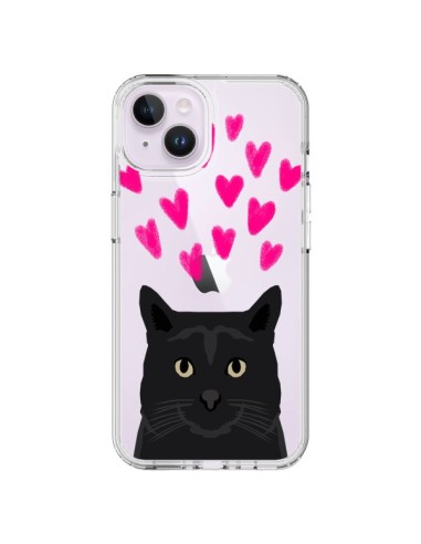 Coque iPhone 14 Plus Chat Noir Coeurs Transparente - Pet Friendly