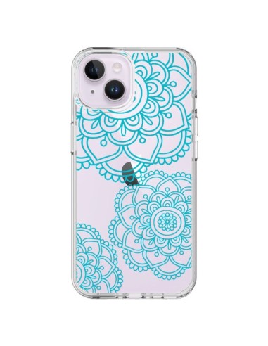 Coque iPhone 14 Plus Mandala Bleu Aqua Doodle Flower Transparente - Sylvia Cook
