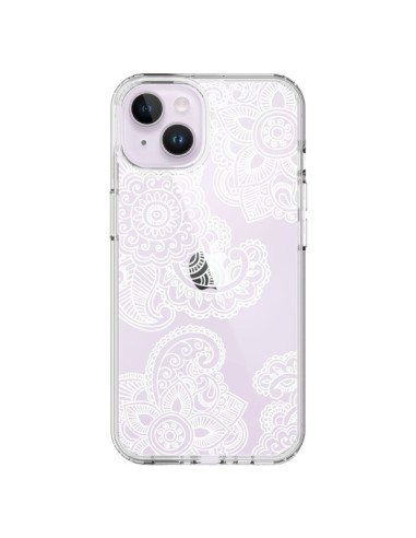 Coque iPhone 14 Plus Lacey Paisley Mandala Blanc Fleur Transparente - Sylvia Cook