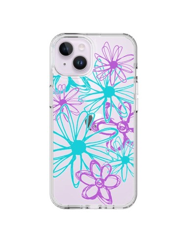 Coque iPhone 14 Plus Turquoise and Purple Flowers Fleurs Violettes Transparente - Sylvia Cook