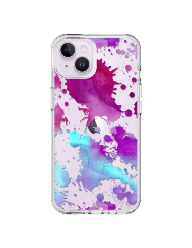Coque iPhone 14 Plus Watercolor Splash Taches Bleu Violet Transparente - Sylvia Cook
