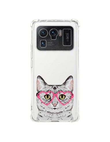 Coque Xiaomi Mi 11 Ultra Chat Gris Lunettes Coeurs Transparente - Pet Friendly