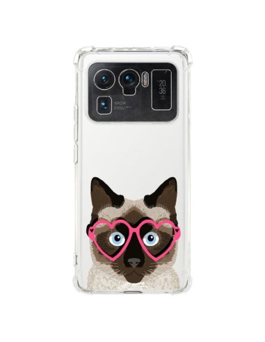 Coque Xiaomi Mi 11 Ultra Chat Marron Lunettes Coeurs Transparente - Pet Friendly
