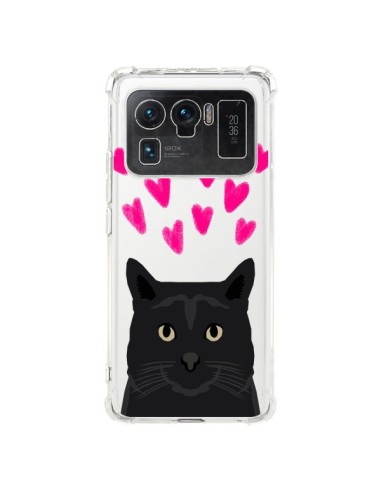 Coque Xiaomi Mi 11 Ultra Chat Noir Coeurs Transparente - Pet Friendly