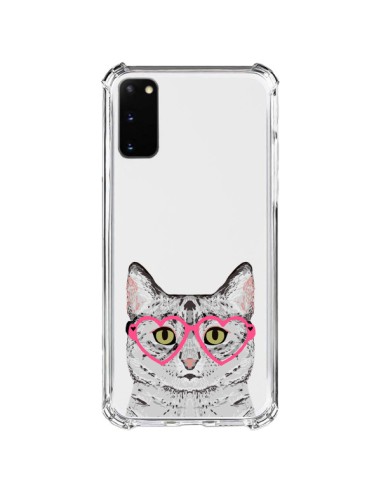 Cover Samsung Galaxy S20 FE Gatto Grigio Occhiali Cuori Trasparente - Pet Friendly