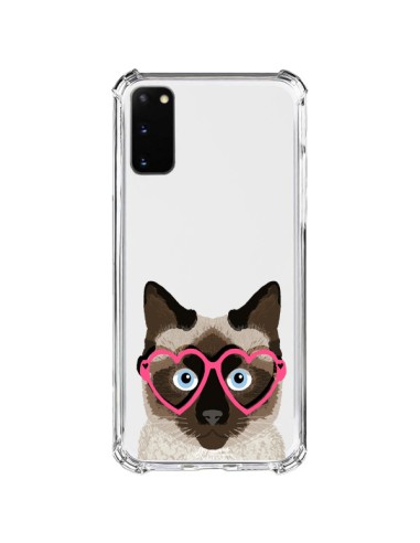 Coque Samsung Galaxy S20 FE Chat Marron Lunettes Coeurs Transparente - Pet Friendly