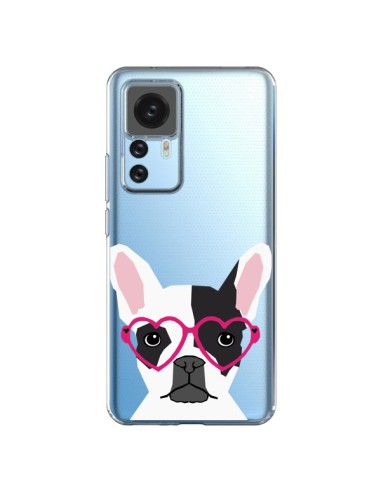 Coque Xiaomi 12T/12T Pro Bulldog Français Lunettes Coeurs Chien Transparente - Pet Friendly