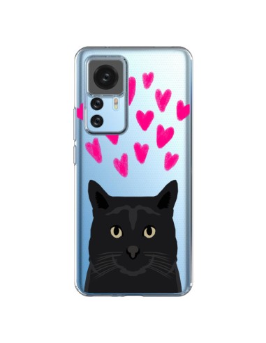 Cover Xiaomi 12T/12T Pro Gatto Nero Cuori Trasparente - Pet Friendly